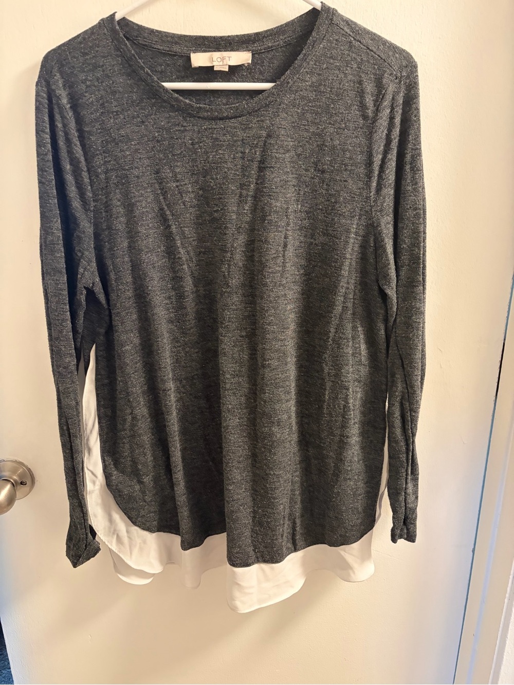 LOFT Mixed Media Layered Look Top Charcoal Gray White Long Sleeve Large L